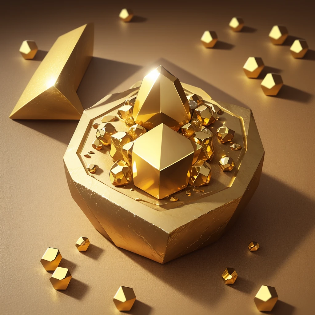 Create an image of a hexagonal golden stone. The stone should be depicted as having a rich, metallic gold finish with intricate textures and facets that catch the light. The edges of the hexagon should be slightly jagged and uneven, giving it a natural, unpolished look. Include details like subtle reflections and shadows to enhance the three-dimensionality and realism of the stone. The background should be simple and neutral to highlight the golden hexagonal stone.