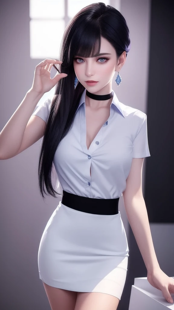 wax statue of a pretty female agent, prettiest facial features, making an elegant gesture, FBMP model pose, barefoot standing on a display base in a dark art gallery as a decoration object, (masterpiece, best quality, 1girl, solo, intricate details, chromatic aberration), (realistic),(skin), ((breath)),(dark hair,blunt bangs),detailed hair, red head ornament, blue highlights, hair over one eye,purple eyes, earrings, sharp eyes, choker,((white shirt short sleeve)),((black pencil short skirt)),((symmetry eyes)),((perfect symmetrical body)),(pureerosface_v1:0.3), night,(((natural light))),backlighting,against grey wall, dim lighting, ((centered shot, from front,(face and waist))),