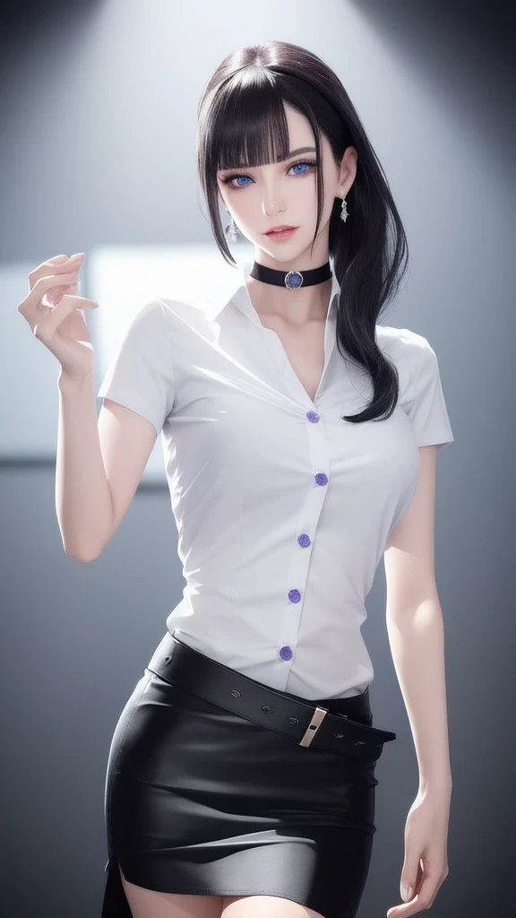 wax statue of a pretty female agent, prettiest facial features, making an elegant gesture, FBMP model pose, barefoot standing on a display base in a dark art gallery as a decoration object, (masterpiece, best quality, 1girl, solo, intricate details, chromatic aberration), (realistic),(skin), ((breath)),(dark hair,blunt bangs),detailed hair, red head ornament, blue highlights, hair over one eye,purple eyes, earrings, sharp eyes, choker,((white shirt short sleeve)),((black pencil short skirt)),((symmetry eyes)),((perfect symmetrical body)),(pureerosface_v1:0.3), night,(((natural light))),backlighting,against grey wall, dim lighting, ((centered shot, from front,(face and waist))),