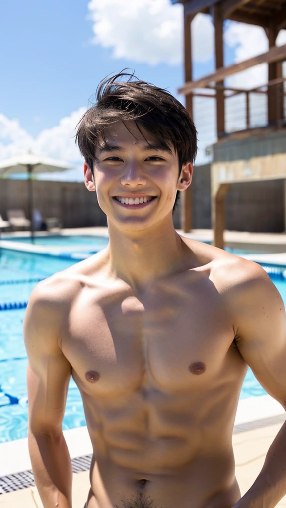 male Age 20 swimwear lifeguard topless smile