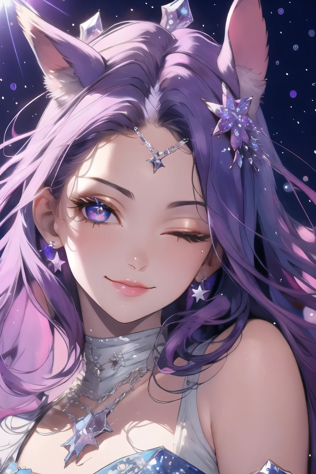 ((best quality)), ((masterpiece)), (detailed), detailed gemstone eyes, pupils are a white star, well-proportioned detailed crystal eyes, 1 crystal eight-point star on forehead, delicate and beautiful detailing, beautiful face, round detailed eyes and makeup, very beautiful and meticulous eight-point crystal star on forehead, delicate, mouth closed smile, not fully smiling, very light purple hair, very light purple fox ears, delicate and beautiful detailing of a crystal coronet crown, starry background