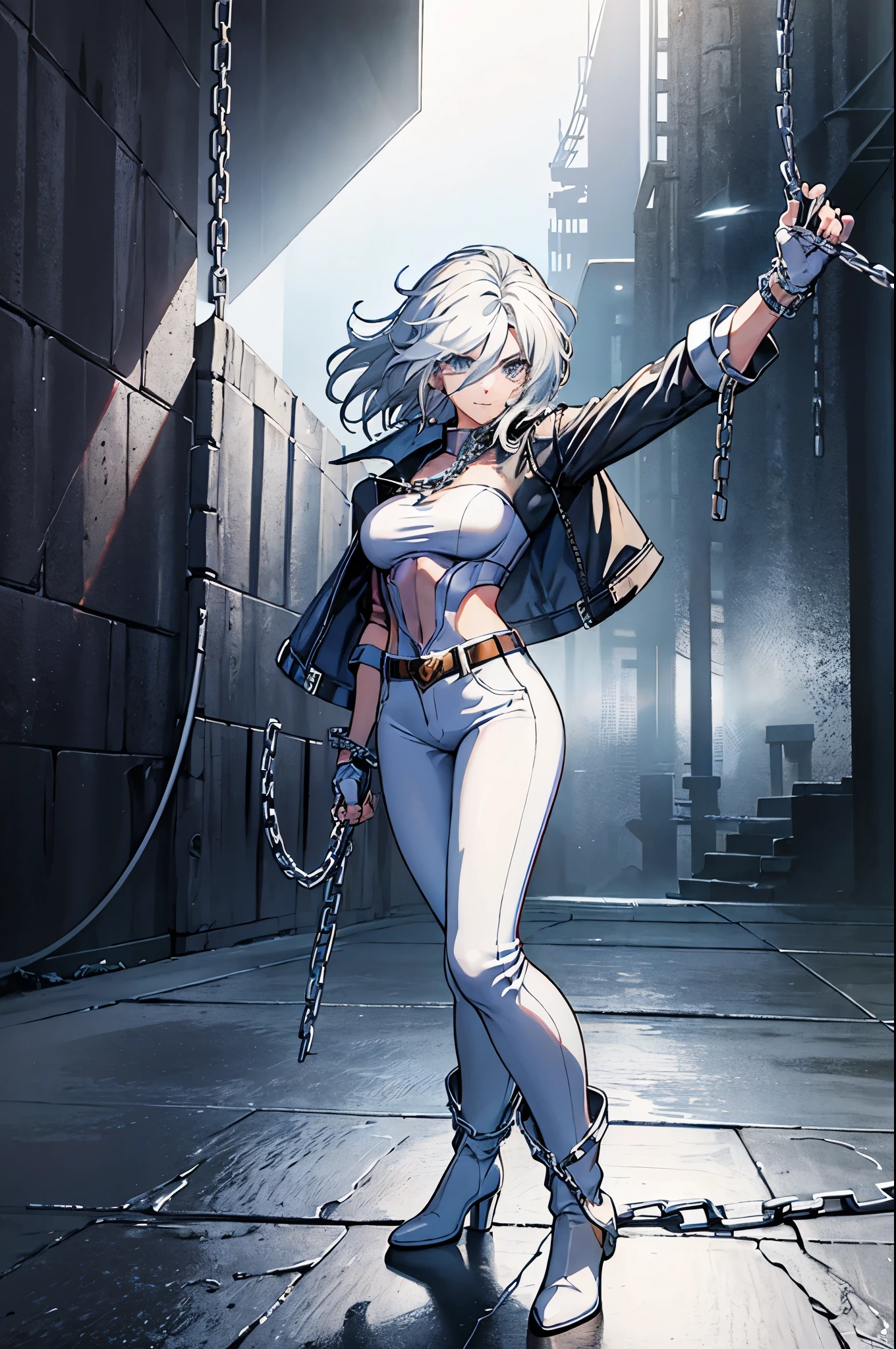 (masterpiece), best quality, silver eyes, perfect face, highres, 1girl, solo, angelms, white hair, white jacket, jeans, fingerless gloves, atacking pose, dancing around chains, evil smile, long boots, fanstasy background, cowboy shot, fullbody shot, looking at the viewer, from front, holding chains, long chain  whip