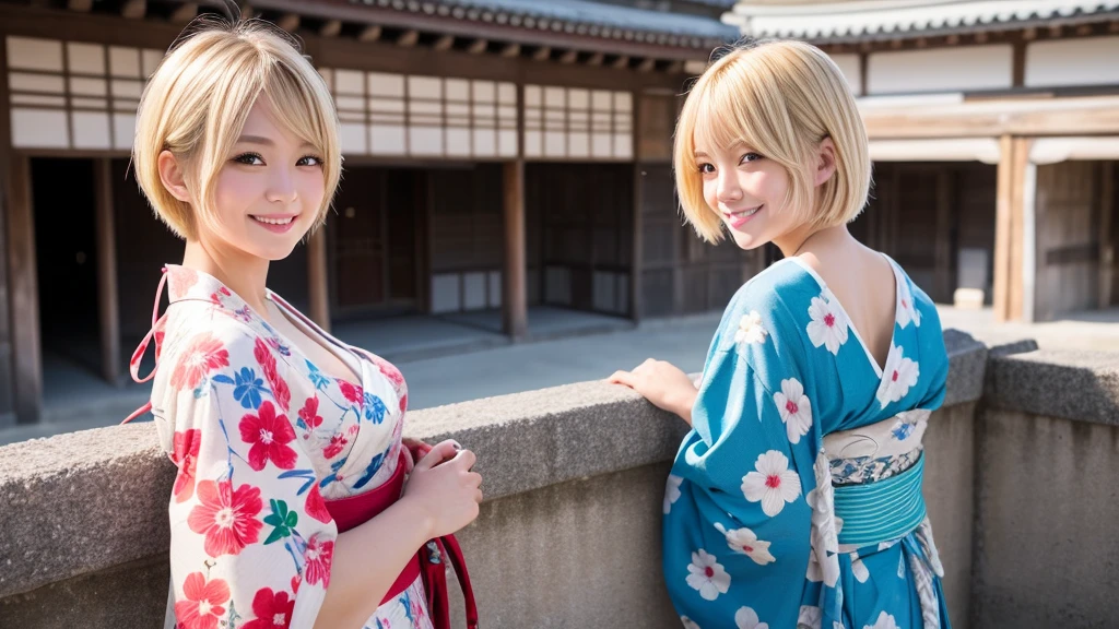A lone courtesan broadcasts live from Himeji Castle.。Blonde Short Hair。Sexy smile、looking at the camera、front、yukata、Light clothing、Single