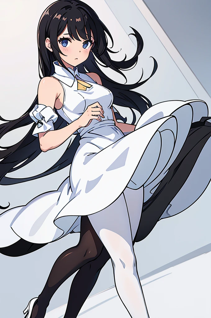 Pantyhose,White dress,Black hair straight,White pumps