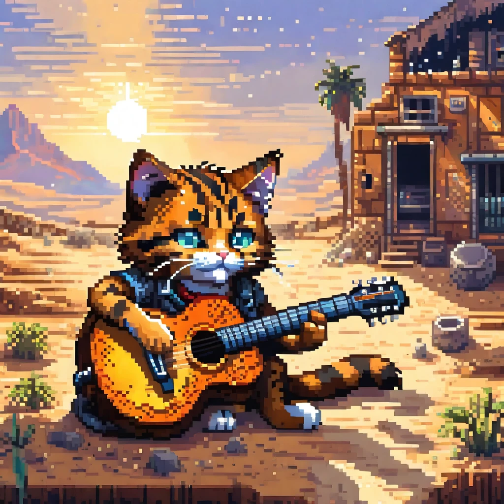 a wild cat playing an acoustic guitar in a pixel art style, detailed evening sun wasteland, best quality, masterpiece, ultra intricate detailed, high detailsone eye scar,