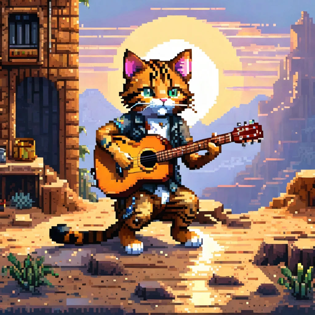 a wild cat playing an acoustic guitar in a pixel art style, detailed evening sun wasteland, best quality, masterpiece, ultra intricate detailed, high detailsone eye scar,