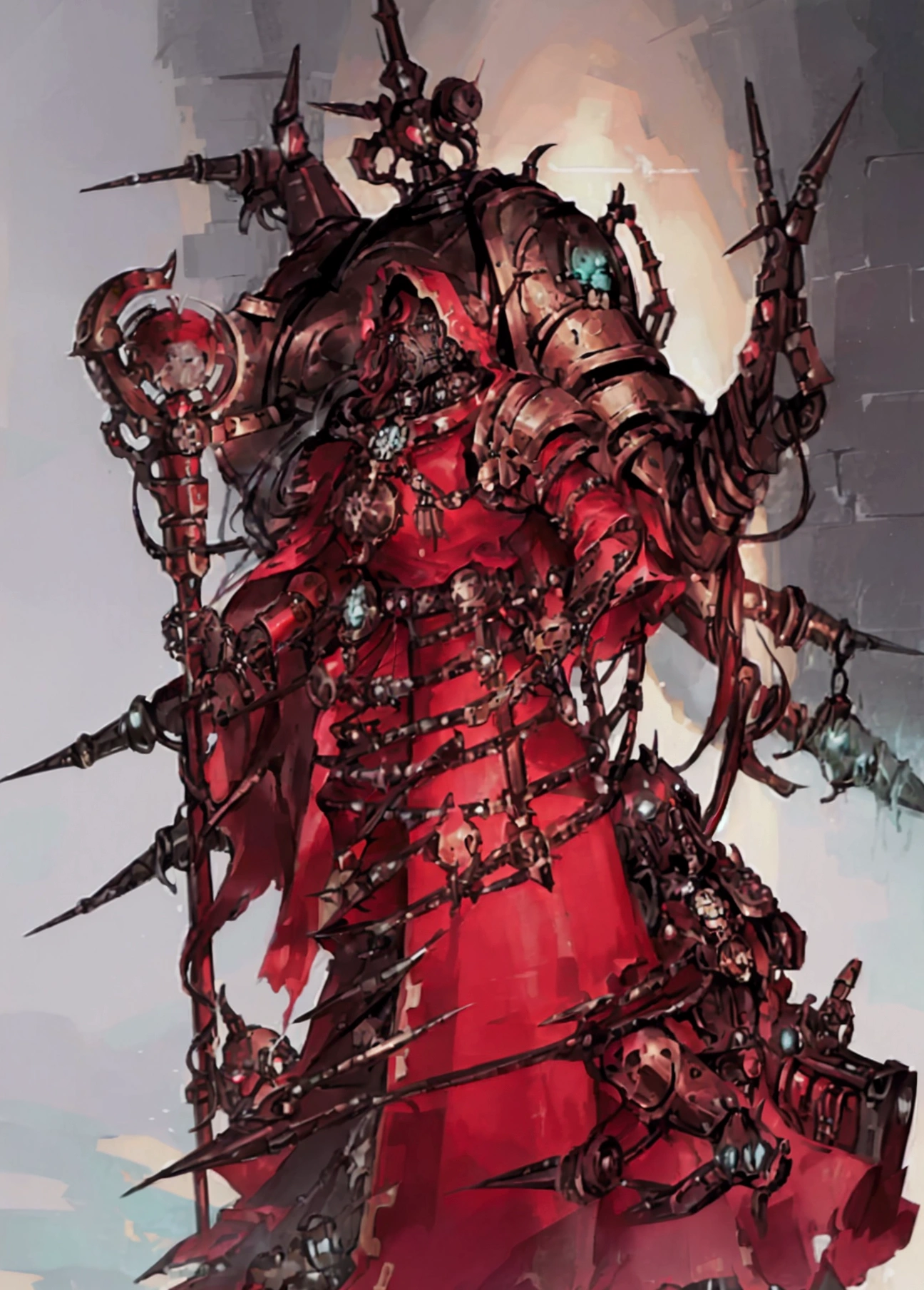 make a warhammer 40k rpg character, naughty man, adeptus mechanicus warhammer 40k, warrior monk, imponent pose, priestly vestment ( detailed outfit), holding a war staff, filled with implant, dark cathedral background (detailed back ground), robotic priest with armor.  