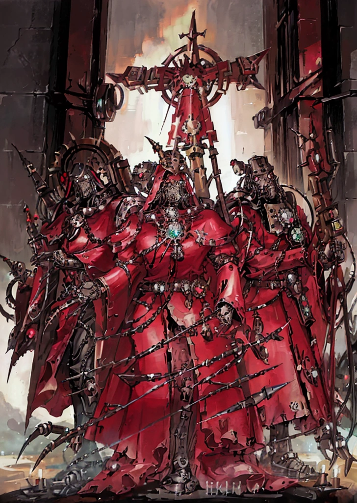 make a warhammer 40k rpg character, naughty man, adeptus mechanicus warhammer 40k, warrior monk, imponent pose, priestly vestment ( detailed outfit), holding a war staff, filled with implant, dark cathedral background (detailed back ground), robotic priest with armor.  