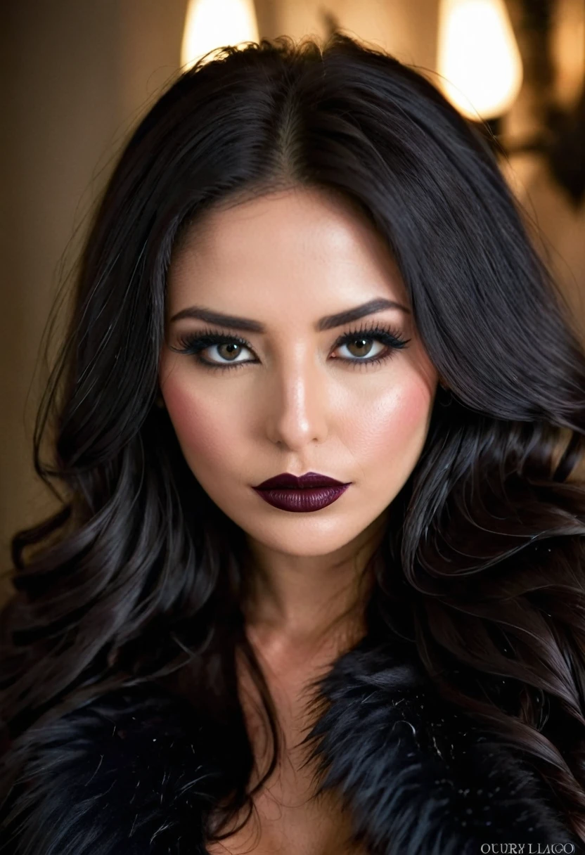 a closeup of a woman with long black hair and a black top, dark hair and makeup, black fur cuervo, black fur oscuro, dark lipstick, long black fur, black fur largo ondulado, dark hair, dark hair, dark hair, black fur azabache, Lush unkempt black hair, black fur, black lipstick, lush black hair