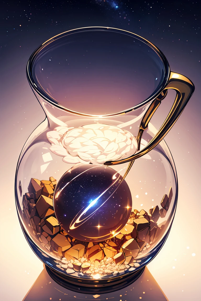 A stunning still life composition featuring a majestic glass jar filled to the brim with vibrant, swirling clouds of gas and dust, suspended amidst a backdrop of deep space, where distant stars and planets twinkle like diamonds against a velvety blackness. The jar's delicate cork lid adds an air of whimsy, as if containing the celestial wonders within. The soft glow of nearby starlight illuminates the glass, casting a warm, ethereal ambiance,(((white background))),