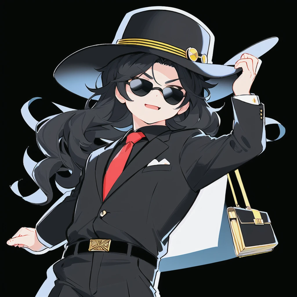 Draw a cartoon-style man character inspired by a mysterious salesman. He must wear a wide-brimmed black hat, black sunglasses, have black power curly and voluminous hair, and a black suit with a red shirt. Include a yellow tie and a gray briefcase in your hands. The character must have a confident and charismatic expression, looks like Michael Jackson