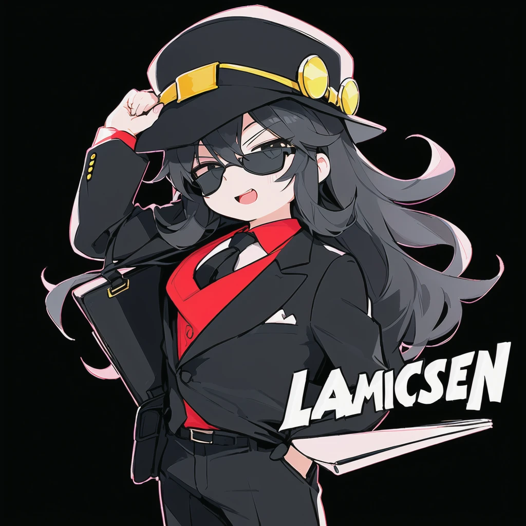Draw a cartoon-style man character inspired by a mysterious salesman. He must wear a wide-brimmed black hat, black sunglasses, have black power curly and voluminous hair, and a black suit with a red shirt. Include a yellow tie and a gray briefcase in your hands. The character must have a confident and charismatic expression, looks like Michael Jackson