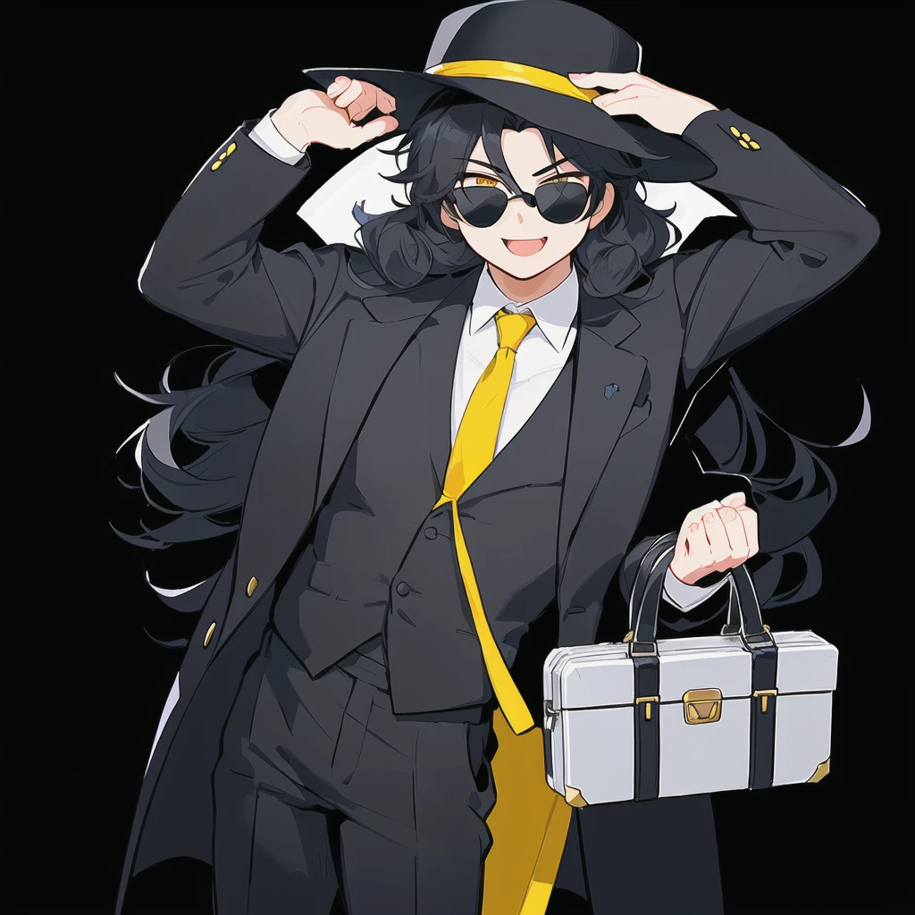Draw a cartoon-style man character inspired by a mysterious salesman. He must wear a wide-brimmed black hat, black sunglasses, have black power curly and voluminous hair, and a black suit with a red shirt. Include a yellow tie and a gray briefcase in your hands. The character must have a confident and charismatic expression, looks like Michael Jackson