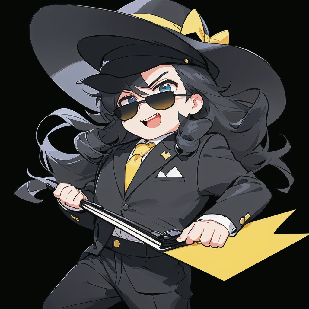 Draw a cartoon-style man character inspired by a mysterious salesman. He must wear a wide-brimmed black hat, black sunglasses, have black power curly and voluminous hair, and a black suit with a red shirt. Include a yellow tie and a gray briefcase in your hands. The character must have a confident and charismatic expression, looks like Michael Jackson