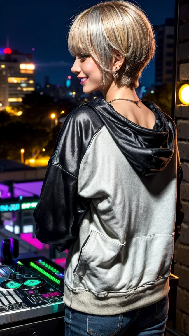 Highest quality, Tabletop, Ultra-high resolution, (Realistic:1.4), (Japanese Idols),RAW Photos, One Girl, night,Detailed skin,nightclub,Disco,(blonde:1.2), (Silver inner hair:1.3),Glossy Lips,smile,21 years old,Beautiful and beautiful eyes,eye shadow,Diamond jewellery,Earrings,Gold Jewelry,(hoodie:1.3),,(Shoulder strengthening:1.2),A well-trained body,(Pixie Cut),Round face,(playing music as a DJ:1.5), (DJ:1.2) Vibrant performances (Music Festival:1.2) and (Lively crowd:1.1) and (Colorful stage lighting:1.1), (Back view:1.5 ),Back view,(A slightly distant composition),(back of head),Composition from behind