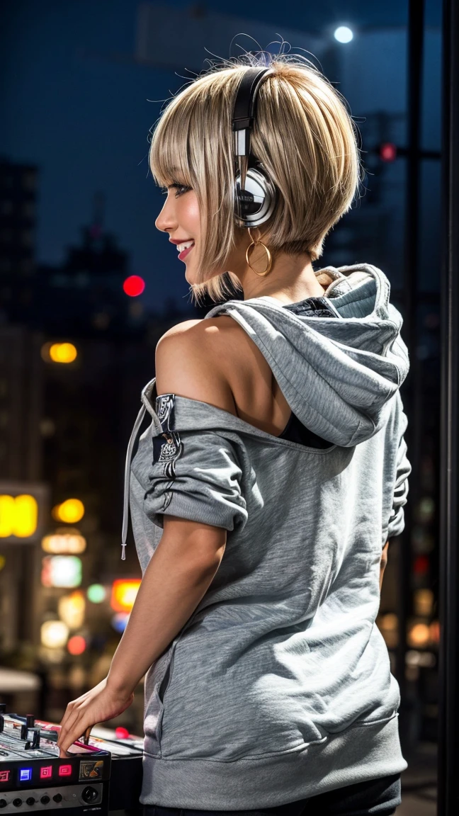 Highest quality, Tabletop, Ultra-high resolution, (Realistic:1.4), (Japanese Idols),RAW Photos, One Girl, night,Detailed skin,nightclub,Disco,(blonde:1.2), (Silver inner hair:1.3),Glossy Lips,smile,21 years old,Beautiful and beautiful eyes,eye shadow,Diamond jewellery,Earrings,Gold Jewelry,(hoodie:1.3),,(Shoulder strengthening:1.2),A well-trained body,(Pixie Cut),Round face,(playing music as a DJ:1.5), (DJ:1.2) Vibrant performances (Music Festival:1.2) and (Lively crowd:1.1) and (Colorful stage lighting:1.1), (Back view:1.5 ),Back view,(A slightly distant composition),(back of head),Composition from behind