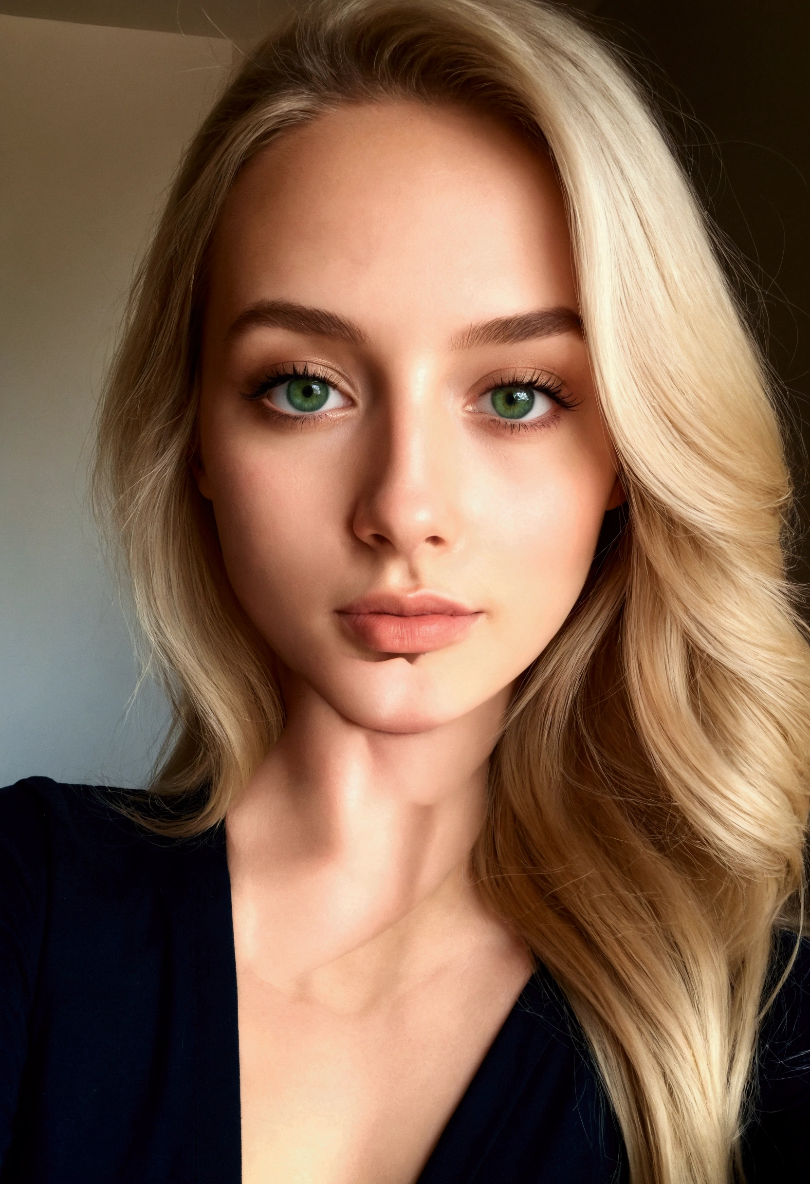 beautiful 25-year-old blonde girl with green eyes, long blonde hair, sits on her, takes a beautiful selfie, perfect body proportions, wears an outfit, detailed facial features, flawless skin, ultra textured face, natural lighting, warm tones, 1 girl, detailed face, chef and#39; artistic artwork, detailed eyes, detailed lips, beautiful skin, natural lighting, warm colors, living room, incl., iPhone, selfie photo, city,alluméroom, allumé, iPhone, photo de selfie, ville,