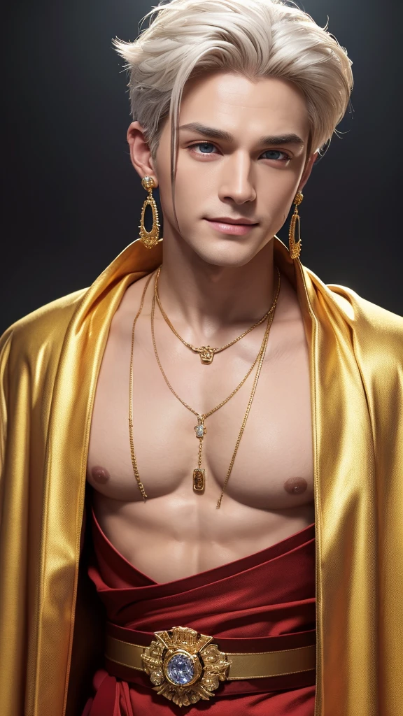 masculine male, masterpiece, ((perfect eyes)) best quality, (semirealism:1.9), beautiful lighting, (extremely detailed CG unity 4k fhd wallpaper), High Detail, Sharp focus, dramatic outdoors, 1 boy ,, white hair, light purpel eyes, smile, big earrings on ears, wolf ear, blue eyes, Thick eyebrows, evil smile, grinning,red body, red face, Burning skin, yellow diamonds glistening on chest, burning red skin,golden robe behind, big white belt , 8k , realistic, scary.