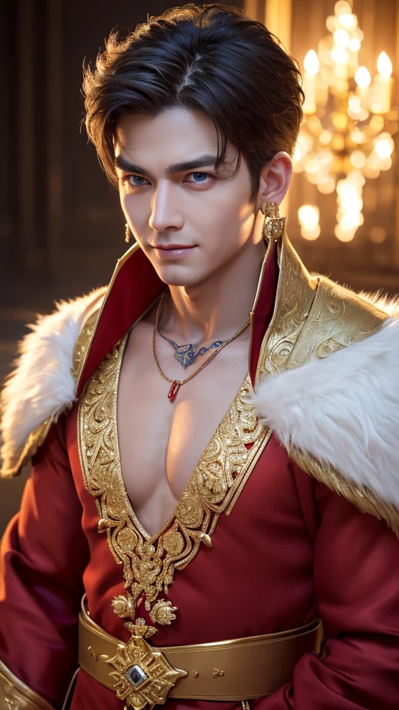 masculine male, masterpiece, ((perfect eyes)) best quality, (semirealism:1.9), beautiful lighting, (extremely detailed CG unity 4k fhd wallpaper), High Detail, Sharp focus, dramatic outdoors, 1 boy ,, white hair, light purpel eyes, smile, big earrings on ears, wolf ear, blue eyes, Thick eyebrows, evil smile, grinning,red body, red face, Burning skin, yellow diamonds glistening on chest, burning red skin,golden robe behind, big white belt , 8k , realistic, scary.