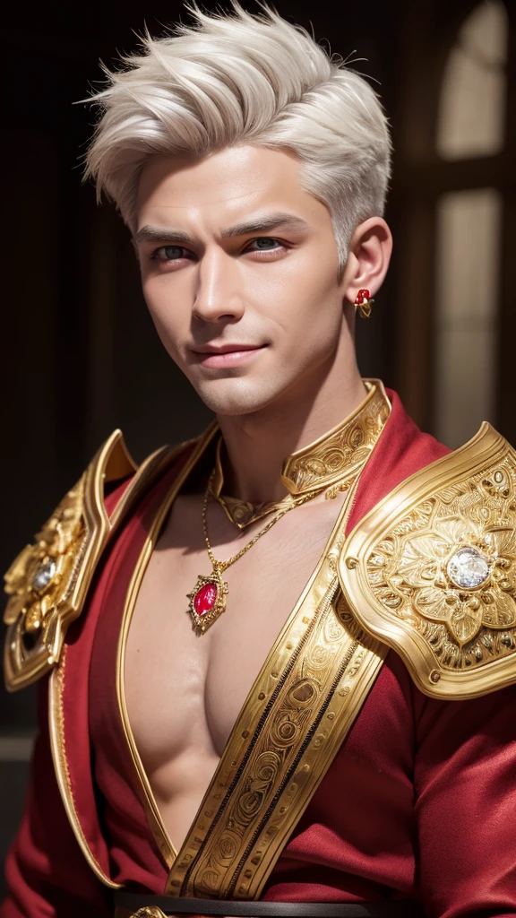 masculine male, masterpiece, ((perfect eyes)) best quality, (semirealism:1.9), beautiful lighting, (extremely detailed CG unity 4k fhd wallpaper), High Detail, Sharp focus, dramatic outdoors, 1 boy ,12 years old, white hair, light purpel eyes, smile, big earrings on ears, wolf ear, blue eyes, Thick eyebrows, evil smile, grinning,red body, red face, Burning skin, yellow diamonds glistening on chest, burning red skin,golden robe behind, big white belt , 8k , realistic, scary.