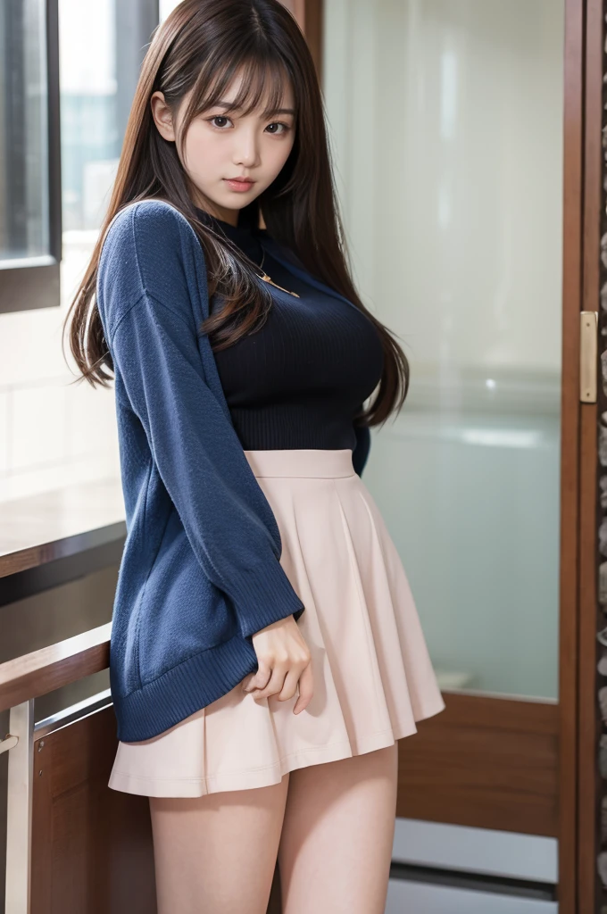 top-quality、Top image quality、masterpiece、fully body photo、25 years old women, governess、Dark brown wavy middle hair、bangss、((Long sleeve white knit、Dark blue flared skirt、Stockings))、 ((no-bra、Visible))、Sexy light blue panties、soft boob、Large breasts、high-heels、 cute smile face、stairs at school、Sit on the stairs with your legs open、((I can see all my panties、Rub your chest with both hands、Touching the crotch))