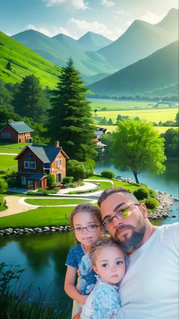 a man with a beard and glasses is with his children, a boy with curly blond hair and a girl with glasses and her hair tied in a ponytail. they are enjoying the scenery. best quality, 3d style.