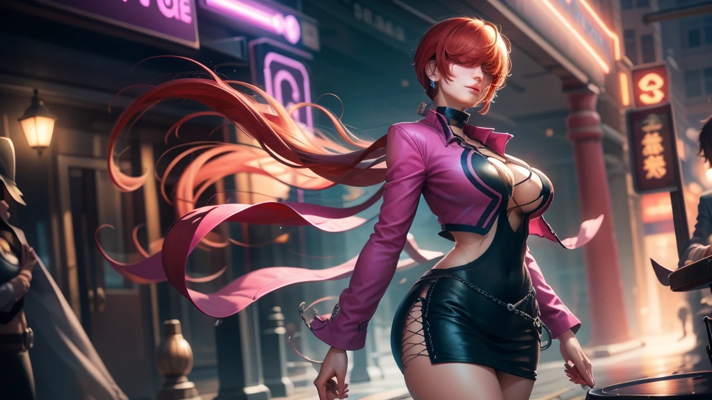 (at night), in a video game scene a background a beautiful city at night raining, alone, alone, standing at attention, pink suit, pink jacket, choker, neckline, cut of clothes, earrings, has long bangs on the hair covering the eyes ((hair over the eyes)), 1 girl, 20 years old, young woman, perfect hands, beautiful fingers, beautiful long legs, beautiful body, beautiful nose, beautiful character design, perfect face, looking at the spectator with serious gesture, is on a phone call with his cell phone in hand (focusing on his face), closed mouth, Light_Smile, official art, extremely detailed CG unity 8k wallpaper, perfect lighting, bright and colorful front lighting, skin glossy (masterpiece: 1.0), (best_quality: 1.0), ultra high resolution, 4K, ultra detailed photography, 8K, HDR, high resolution, nonsense:1.2, Kodak portra 400, film grain, blurred background, bokeh:1.2, lens flare, (vibrant_color:1.2), professional photography, (Beautiful, breasts: 1.4), (beautiful_face: 1.5), (narrow waist),
