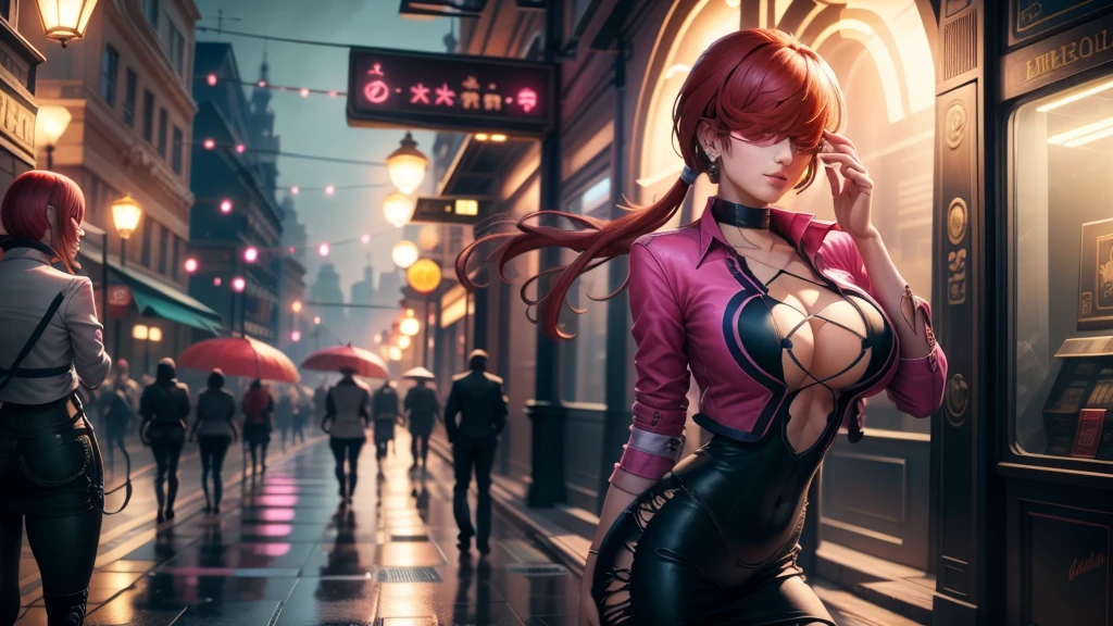 (at night), in a video game scene a background a beautiful city at night raining, alone, alone, standing at attention, pink suit, pink jacket, choker, neckline, cut of clothes, earrings, has long bangs on the hair covering the eyes ((hair over the eyes)), 1 girl, 20 years old, young woman, perfect hands, beautiful fingers, beautiful long legs, beautiful body, beautiful nose, beautiful character design, perfect face, looking at the spectator with serious gesture, is on a phone call with his cell phone in hand (focusing on his face), closed mouth, Light_Smile, official art, extremely detailed CG unity 8k wallpaper, perfect lighting, bright and colorful front lighting, skin glossy (masterpiece: 1.0), (best_quality: 1.0), ultra high resolution, 4K, ultra detailed photography, 8K, HDR, high resolution, nonsense:1.2, Kodak portra 400, film grain, blurred background, bokeh:1.2, lens flare, (vibrant_color:1.2), professional photography, (Beautiful, breasts: 1.4), (beautiful_face: 1.5), (narrow waist),