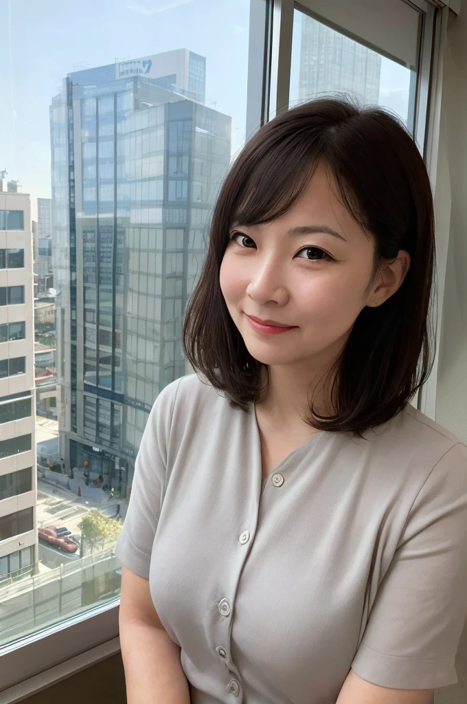 One girl, Mature Woman, Best, bow, photograph, Realistic, highest quality, employment, Detailed face, office, Building seen from the window, Detailed Background, Diffused sunlight, Depth of written boundary, Bokeh