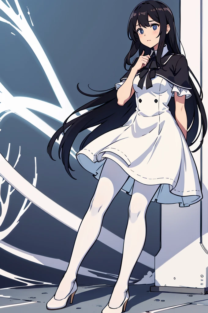 Pantyhose,White dress,Black hair straight,White pumps