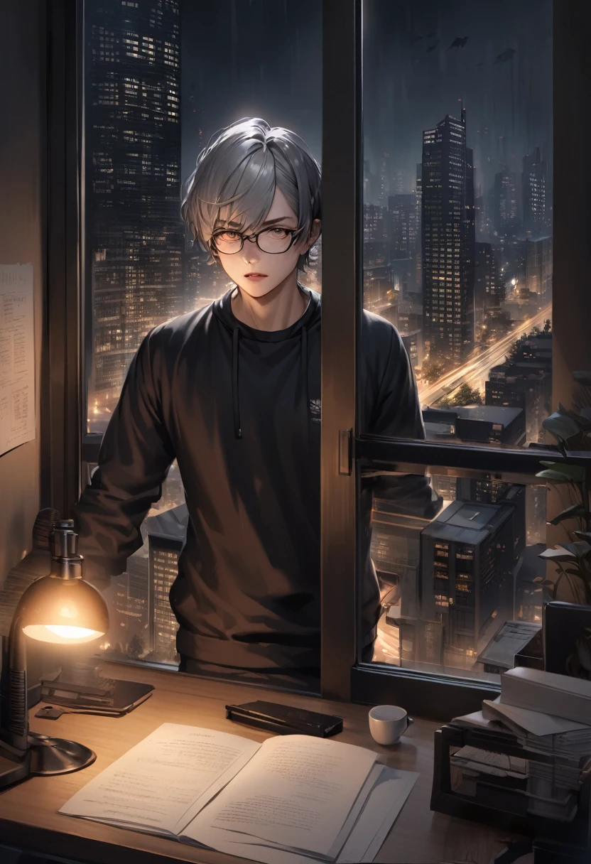 Realistic magic of a short man, gray hair, wearing glasses, wearing a black sweatshirt, Manifestations of fear, standing, night office setup, Night building in the landscape through the window