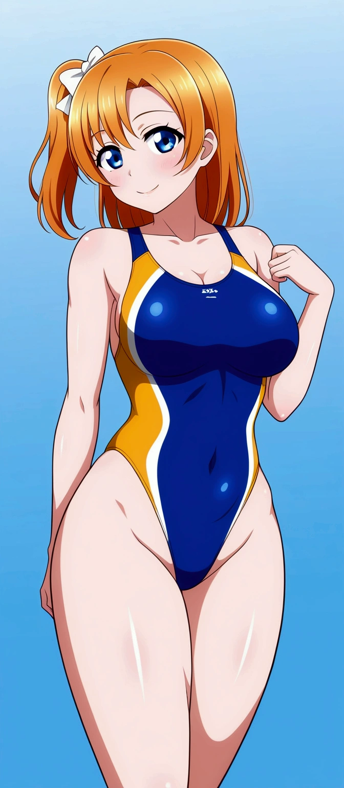 (Masterpiece, Best Quality, High Quality), professional artwork, well drawn, Intricate Details,solo,
Kousaka honoka, blue eyes, orange hair, looking_at_viewer, cowboy shot, blue competition swimsuit , perfect shadow, beautiful