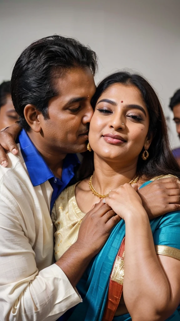 A 50-year-old man affectionately hugging and kissing on lips of a radiant, full-figured South Indian 45 year old very beautiful bride wearing a cream silky saree and blue blouse in office, other people cheering next to them, captured in a full-body image with vibrant hues and meticulous details. Full body image