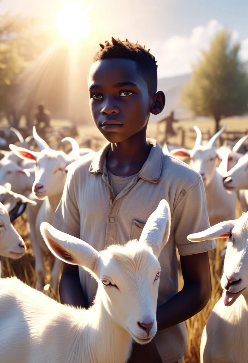 a black African boy in a farm of goats, goats eyes shining white, ethereal smoke covering the farm, white sun in background shining a light providing a white and light yellow colour grading, 32k, ultra HD, unreal engine rendered, cinematic lighting