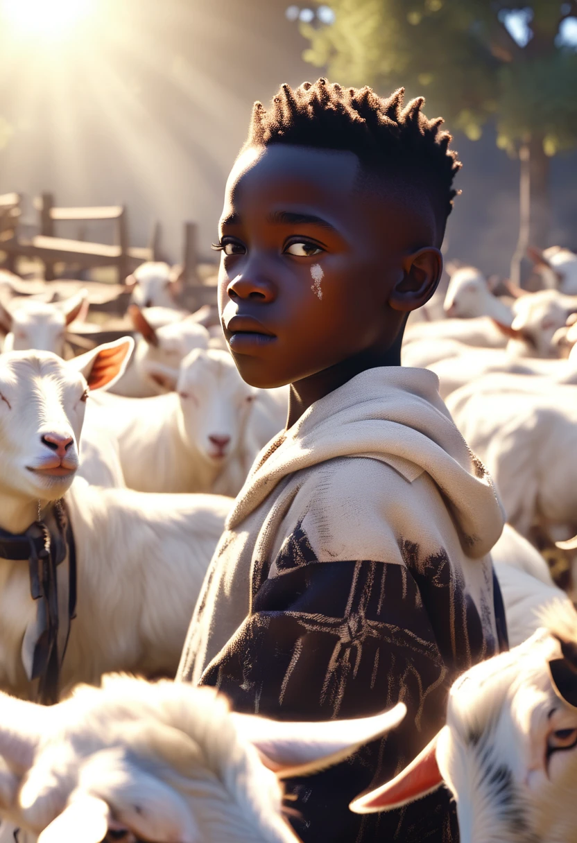 a black African boy in a farm of goats, goats eyes shining white, ethereal smoke covering the farm, white sun in background shining a light providing a white and light yellow colour grading, 32k, ultra HD, unreal engine rendered, cinematic lighting