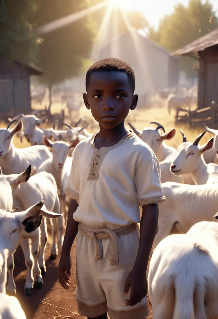 a black African boy in a farm of goats, goats eyes shining white, ethereal smoke covering the farm, white sun in background shining a light providing a white and light yellow colour grading, 32k, ultra HD, unreal engine rendered, cinematic lighting