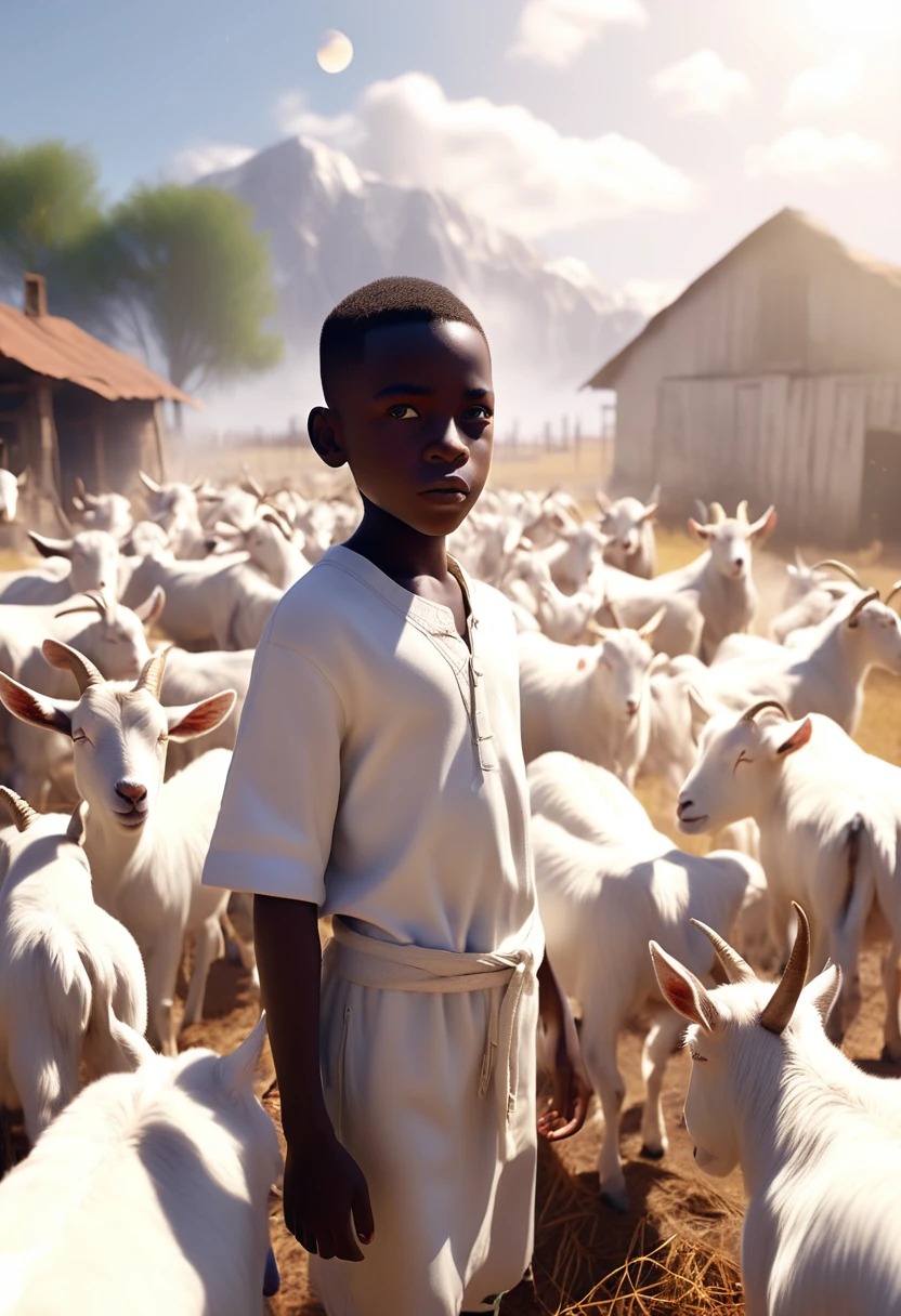 a black African boy in a farm of goats, goats eyes shining white, ethereal smoke covering the farm, white sun in background shining a light providing a white and light yellow colour grading, 32k, ultra HD, unreal engine rendered, cinematic lighting