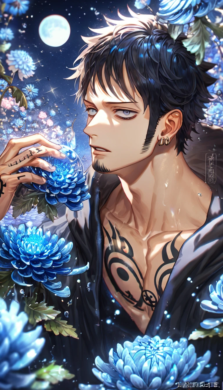 absurdres, highres, ultra detailed, HDR, master piece, best quality, extremely detailed, Trafalgar Law, black hair, stubble, expressive gray eyes, One Piece, solo, sexy man, handsome, sensual, black coat, fantasy, water, sparkling, blue glittering fireflies, blue moon, blue blossoms, blue chrysanthemums, blue sparkling lights, starry sky, magical