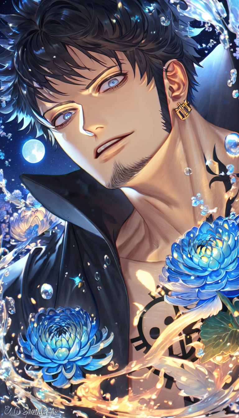 absurdres, highres, ultra detailed, HDR, master piece, best quality, extremely detailed, Trafalgar Law, black hair, stubble, expressive gray eyes, One Piece, solo, sexy man, handsome, sensual, black coat, fantasy, water, sparkling, blue glittering fireflies, blue moon, blue blossoms, blue chrysanthemums, blue sparkling lights, starry sky, magical