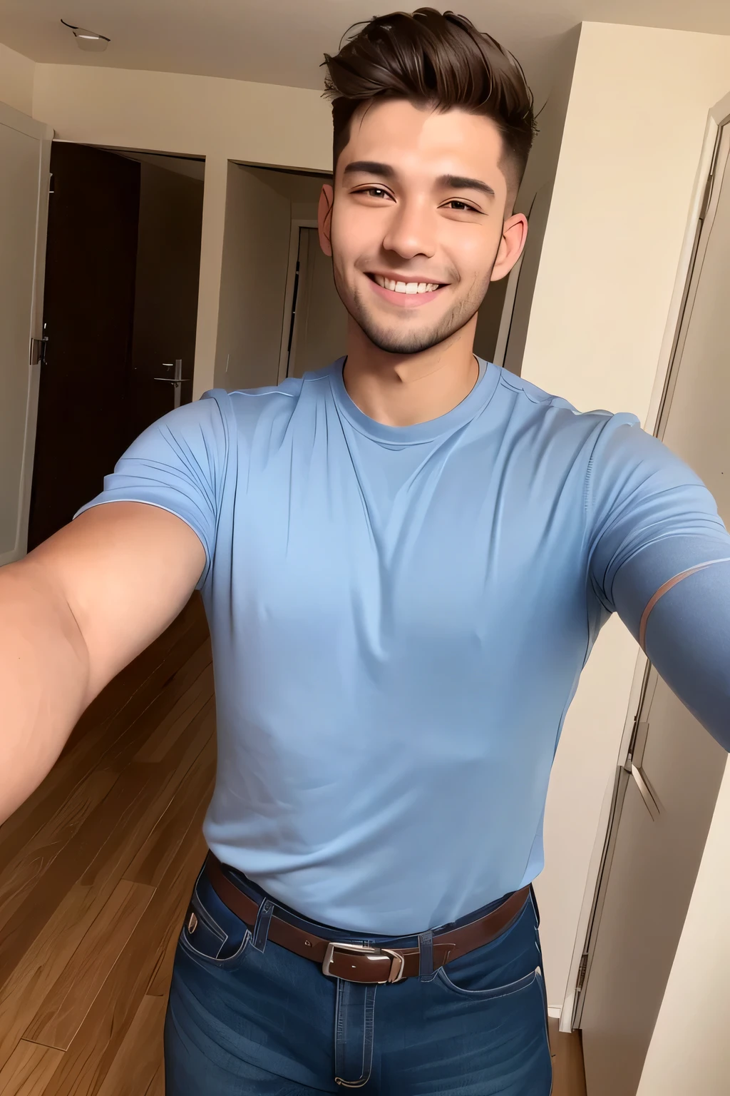 photo of smiling man taking selfie for profile picture handsome impressive look realistic 23 year old young man