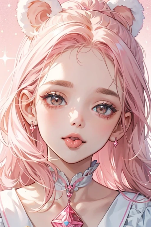 A pink GIRL bear Num with brown eyes and nose. She sticks her tongue out. She has very pale pink-white cream on the top of her head. SPARKLE; GLITTER