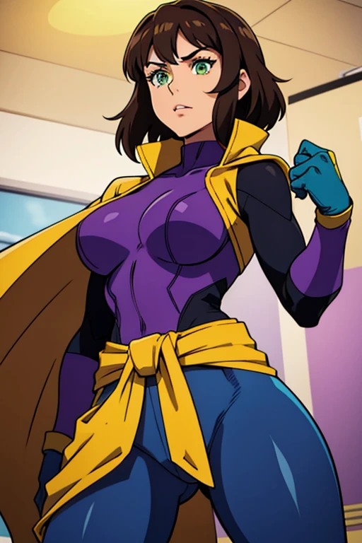 A brunette woman with green eyes and brown dark hair in a tail. She is a superhero and has a blue supersuit with purple gloves and a yellow cape. She also wears purple shorts over her pants.