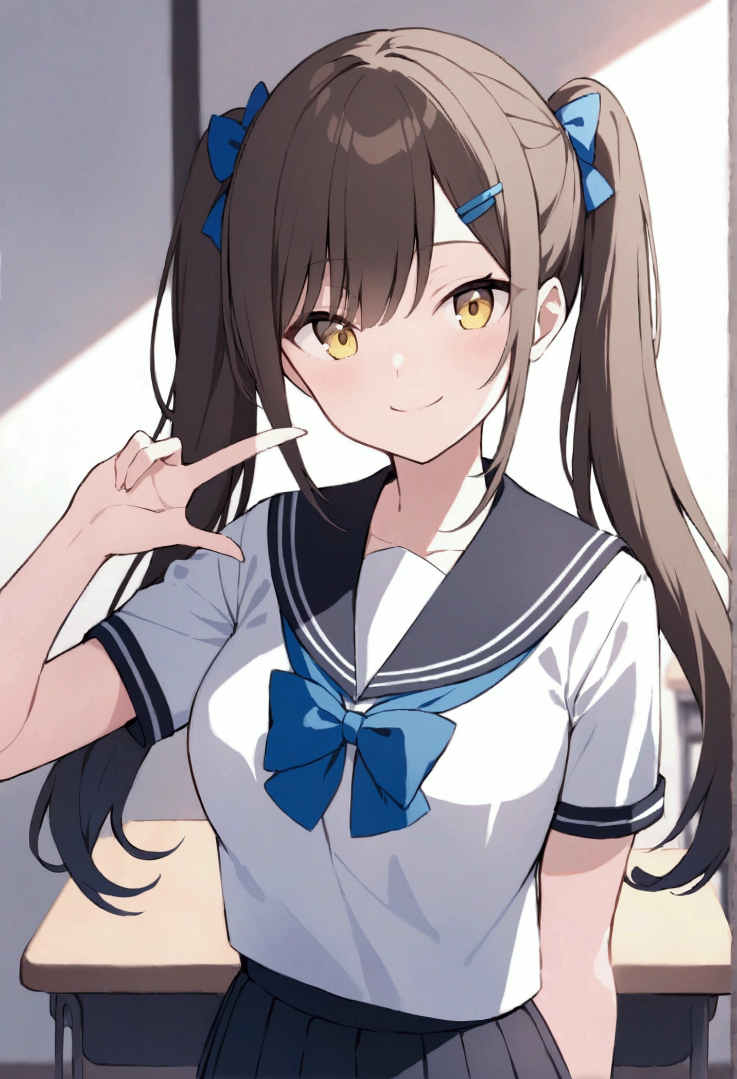 slender, mature female,multicolored_hair, brown_hair, 1girl, solo, indoors, smile, skirt, long_hair, blurry, school_uniform, bangs, short_sleeves, yellow_eyes, twintails, looking_at_viewer, closed_mouth, depth_of_field, bow, hair_between_eyes, sailor_collar, eyebrows_visible_through_hair, shirt, v, streaked_hair, blue_hair, index_finger_raised, blue_bow, white_hair, black_hair, classroom, pleated_skirt, upper_body, desk, bowtie, serafuku, pointing_at_self, ribbon, hairclip, blurry_background, mirror, white_shirt, chalkboard, standing, blue_shirt, school_desk,