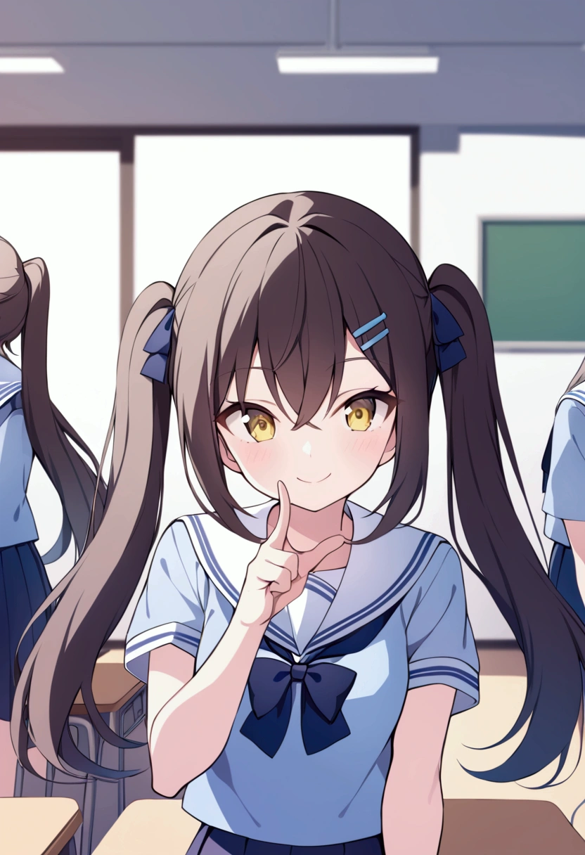 slender, mature female,multicolored_hair, brown_hair, 1girl, solo, indoors, smile, skirt, long_hair, blurry, school_uniform, bangs, short_sleeves, yellow_eyes, twintails, looking_at_viewer, closed_mouth, depth_of_field, bow, hair_between_eyes, sailor_collar, eyebrows_visible_through_hair, shirt, v, streaked_hair, blue_hair, index_finger_raised, blue_bow, white_hair, black_hair, classroom, pleated_skirt, upper_body, desk, bowtie, serafuku, pointing_at_self, ribbon, hairclip, blurry_background, mirror, white_shirt, chalkboard, standing, blue_shirt, school_desk,