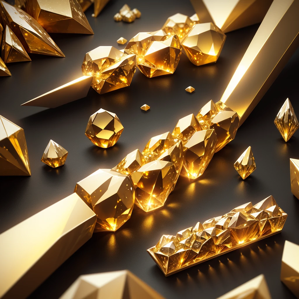 Create an image of golden crystals. The crystals should have a rich, metallic gold hue with sharp, angular facets that reflect light brilliantly. They should be depicted as large, irregularly shaped formations with a natural, rough texture. Include a variety of crystal sizes and orientations to create a dynamic and visually interesting composition. The background should be simple and dark to contrast with the bright, golden shine of the crystals, emphasizing their shimmering and reflective qualities.