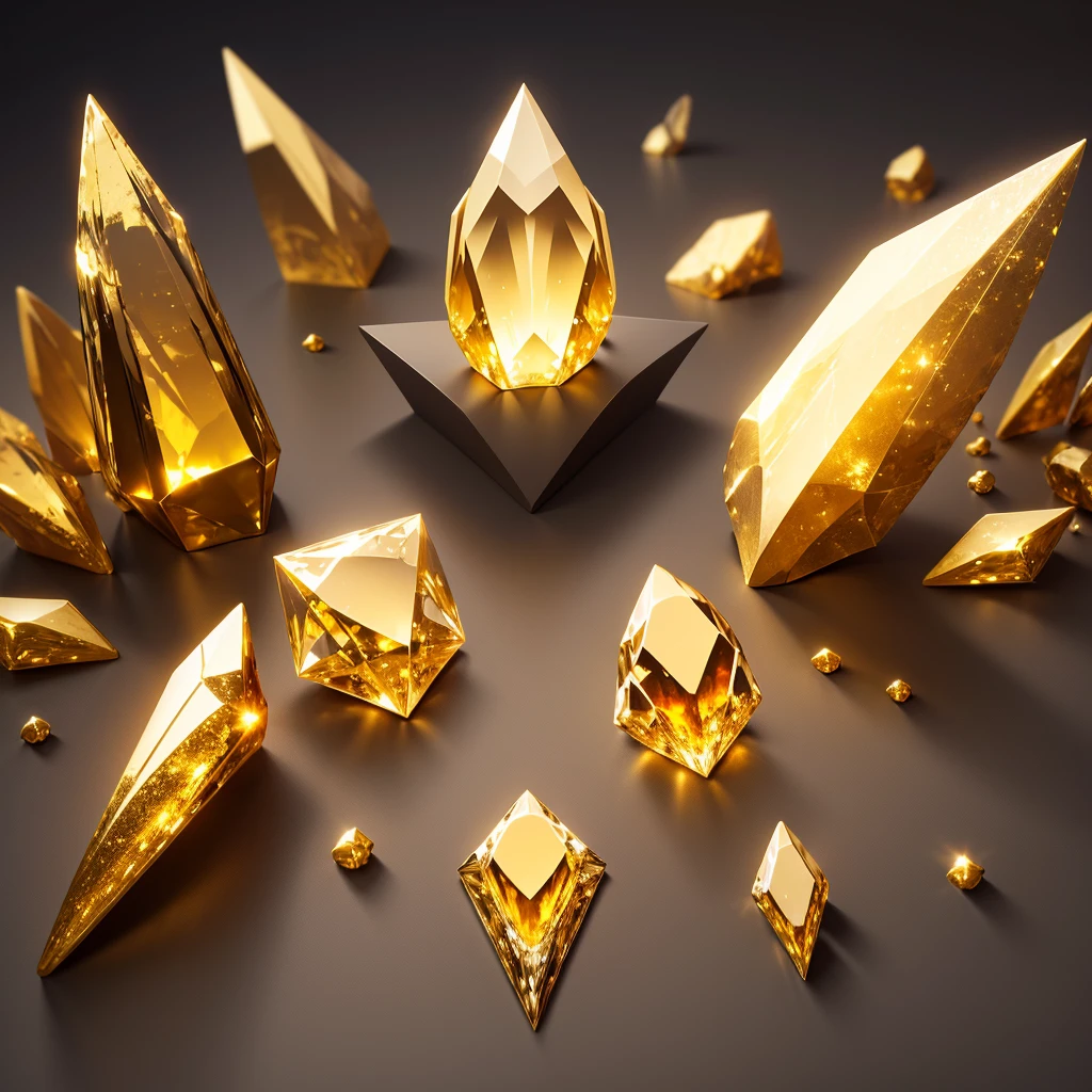 Create an image of golden crystals. The crystals should have a rich, metallic gold hue with sharp, angular facets that reflect light brilliantly. They should be depicted as large, irregularly shaped formations with a natural, rough texture. Include a variety of crystal sizes and orientations to create a dynamic and visually interesting composition. The background should be simple and dark to contrast with the bright, golden shine of the crystals, emphasizing their shimmering and reflective qualities.