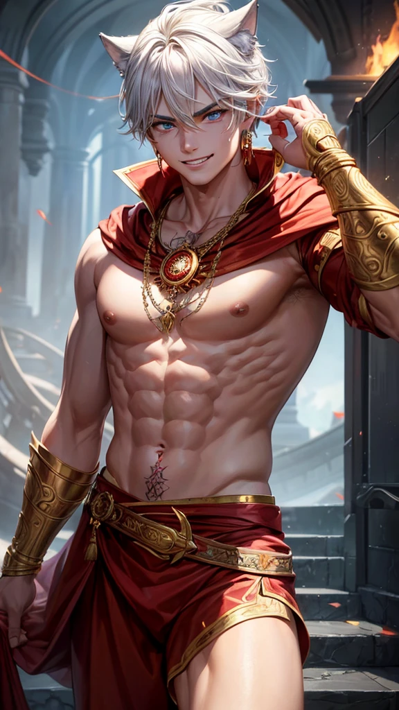 masculine male, masterpiece, ((perfect eyes)) best quality, (semirealism:1.9), beautiful lighting, (extremely detailed CG unity 4k fhd wallpaper), High Detail, Sharp focus, dramatic outdoors, 1 boy ,, white hair, light purpel eyes, smile, big earrings on ears, wolf ear, blue eyes, Thick eyebrows, evil smile, grinning,red body, red face, Burning skin, yellow diamonds glistening on chest, burning red skin,golden robe behind, big white belt , 8k , realistic, scary.