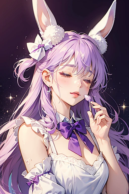 She is a lavender GIRL bunny with a bite from her right ear. She sticks out her tongue with shut eyes. Her icing is pale cream with grape-colored sprinkles. Her bow is violet. SPARKLE; GLITTER