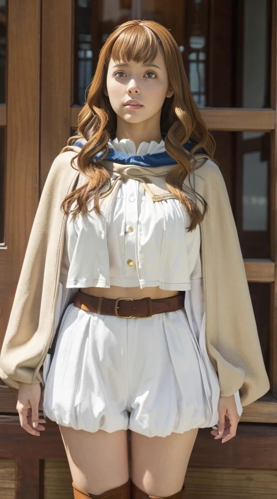 Highest quality、Highest quality、16k quality、Highly detailed figure、Highly detailed face、Highly detailed eyes、Highly detailed nose、Highly detailed facial expressions、Highly detailed costume、Very high quality costume、Highly detailed hourglass shape、Highly detailed feet、Highly detailed thighs、Being in reality、、Mimosa Vermillion、main character、Brown Hair、White knit long sleeves、A white knitted breast protector that covers the entire chest、Brown leather belly band、服の上からYou can see the shape of the chest、Light brown、Chest-length、Poncho type、Wearing the cloak of the Magic Knights、With Magic Knights emblem、One of her breasts is visible through the gap in her cloak.、Close to the skinする服、White knit shorts、Emphasizes the shape of the chest、Brown leather thigh-length boots、Her thighs are visible between her shorts and boots.、You can see the shape of the chest、F cup bust size、Big Breasts、Close to the skin、Tight、Full body photo、Are standing、Emphasizes the beauty of thigh muscles、Full body photo、Front view、