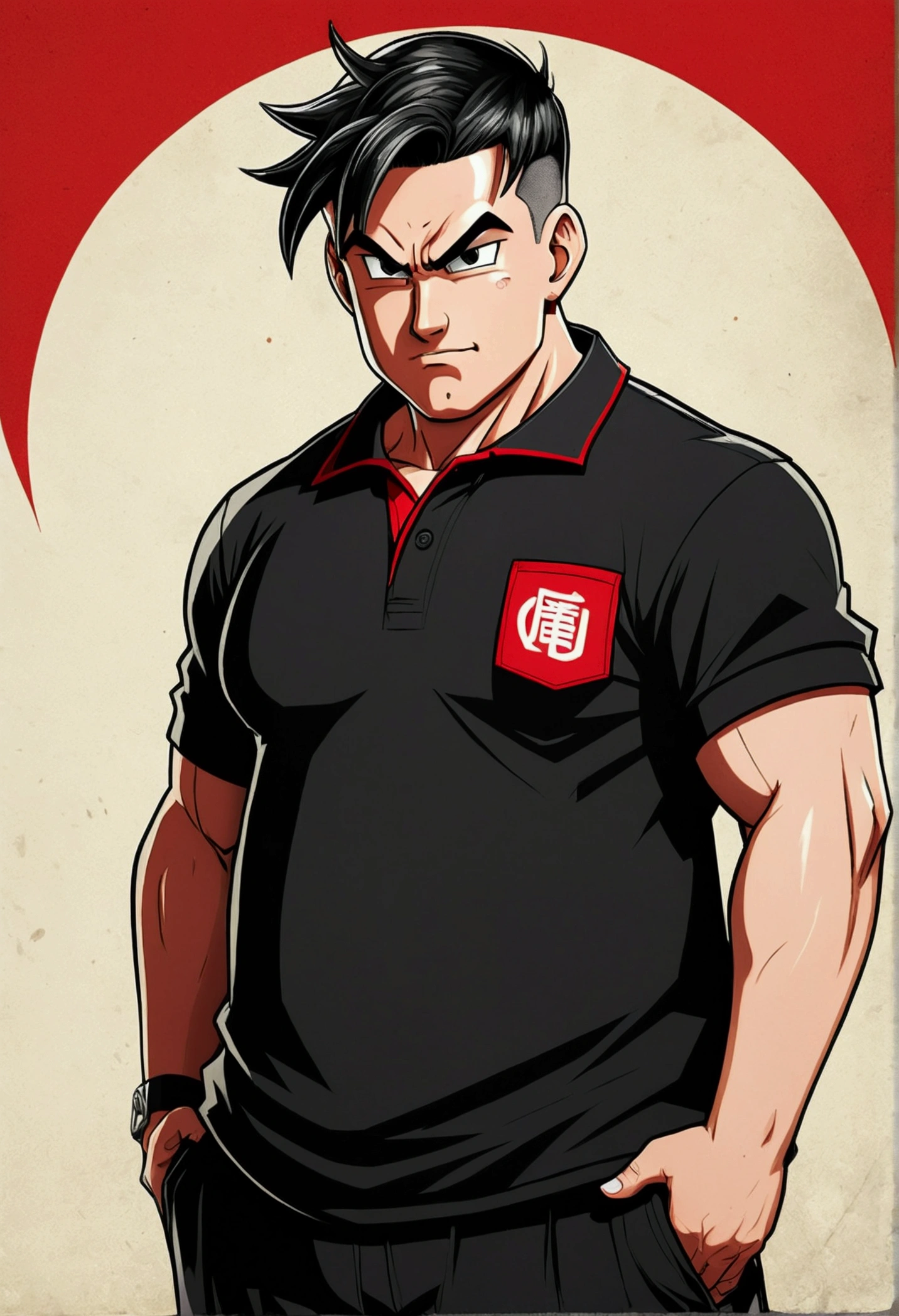 Cartoon man character in DRAGON BALL style, black short hair, fatter, offwhite, with factory background , in BLACK polo t-shirt with RED and WHITE details, with a satirical tone